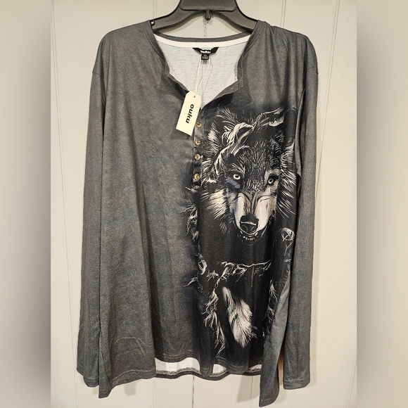 Ouku Wolf Tribal Print Gray Long Sleeve Henley TShirt Mens 3XL-NWT - Picture 1 of 5